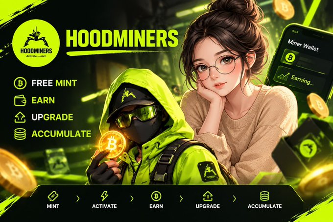 Promotional graphic for 'HOODMINERS' featuring anime-style characters in green hooded attire alongside a 'Miner Wallet' interface, with listed features: 'FREE MINT', 'EARN', 'UPGRADE', 'ACCUMULATE' and a bottom navigation showing 'MINT > ACTIVATE > EARN > UPGRADE > ACCUMULATE'.