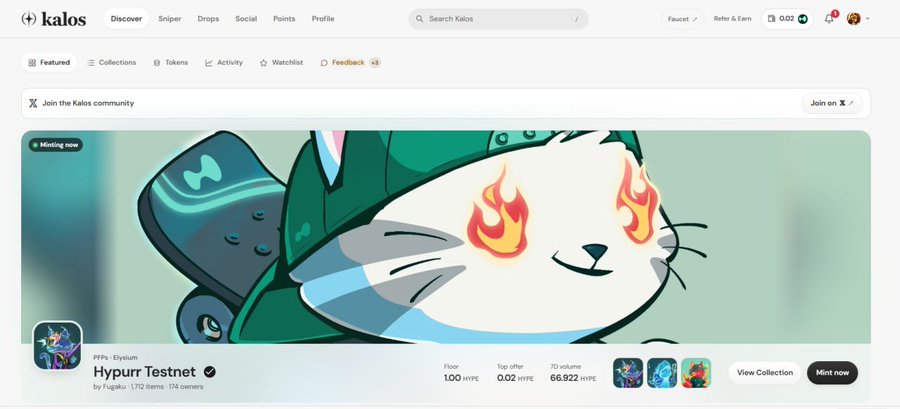 A web page from the Kalos NFT marketplace displaying the "Hypurr Testnet" collection by Fugaku, showing a cartoon rabbit with flame eyes as the featured artwork.