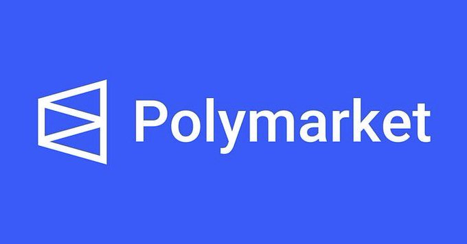 A blue banner displays the Polymarket logo, featuring a white geometric cube icon next to the brand name.