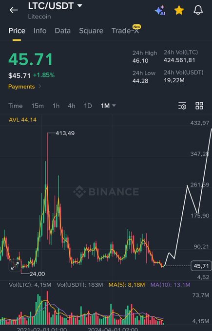 A Binance price chart for Litecoin (LTC/USDT) shows a current price of $45.71 with a +1.85% gain, alongside historical monthly data revealing dramatic volatility—including a peak near $413.49 and a low of $24.00. The chart's long-term perspective visually reinforces the post's message about Litecoin's potential, illustrating both its past massive highs and extended periods of sideways action that require patience from holders.
