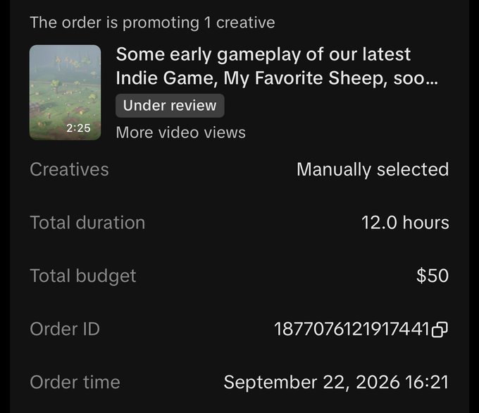 A mobile screenshot of an advertising dashboard showing an order promoting an indie game called 'My Favorite Sheep,' with details like a $50 total budget and an 'Under review' status.