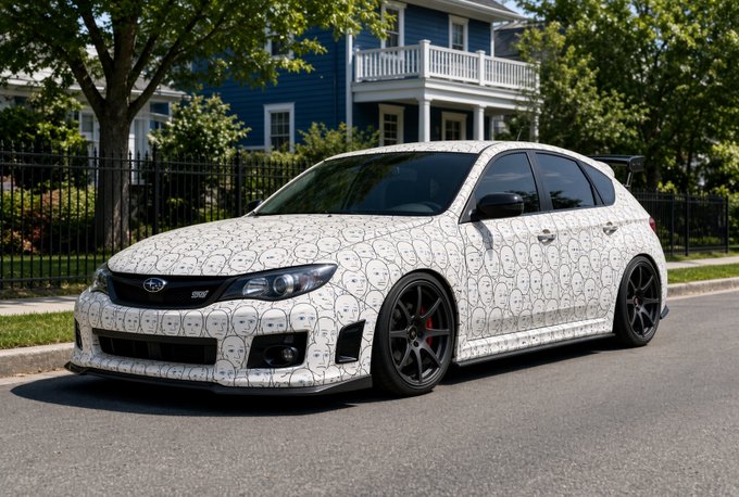 A Subaru WRX STI hatchback with a custom white wrap covered in repeating cartoon face outlines is parked on a residential street, featuring a Subaru STI badge on the grille, black wheels with red brake calipers, and a prominent rear wing.