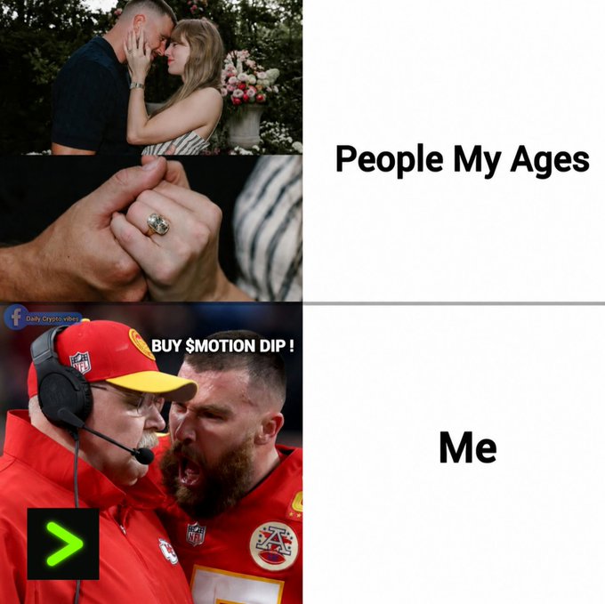 A two-panel meme contrasting romantic 'People My Ages' (a couple in engagement photos) with 'Me,' showing an angry coach yelling 'BUY $MOTION DIP!'
