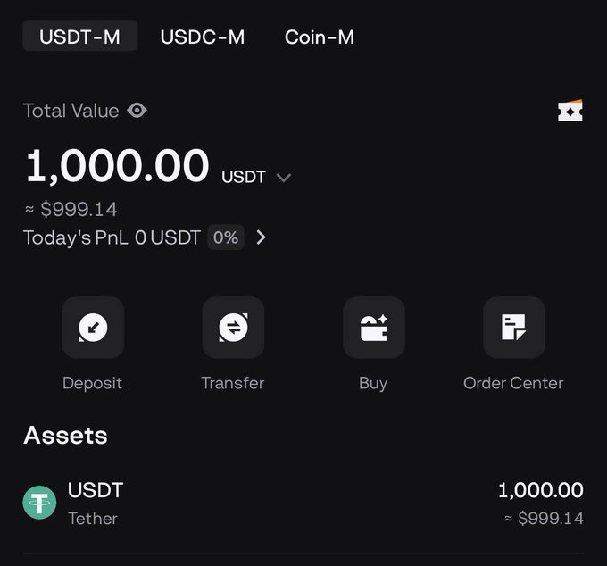 A cryptocurrency wallet app displays a Total Value of 1,000.00 USDT, showing options for USDT-M, USDC-M, and Coin-M, with buttons for Deposit, Transfer, Buy, and Order Center.