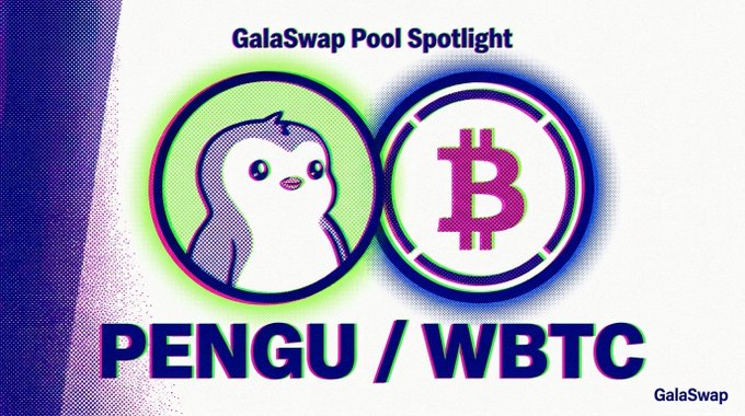 The image promotes a GalaSwap Pool Spotlight featuring the PENGU/WBTC trading pair, displaying the PENGU penguin mascot logo alongside the Bitcoin (₿) symbol, with the ticker "PENGU / WBTC" prominently shown at the bottom. The vibrant purple and green color scheme matches the post's call to action to dive into this pool, which according to the caption has $72K TVL, an estimated 240% APR, and $158K in 24-hour volume.
