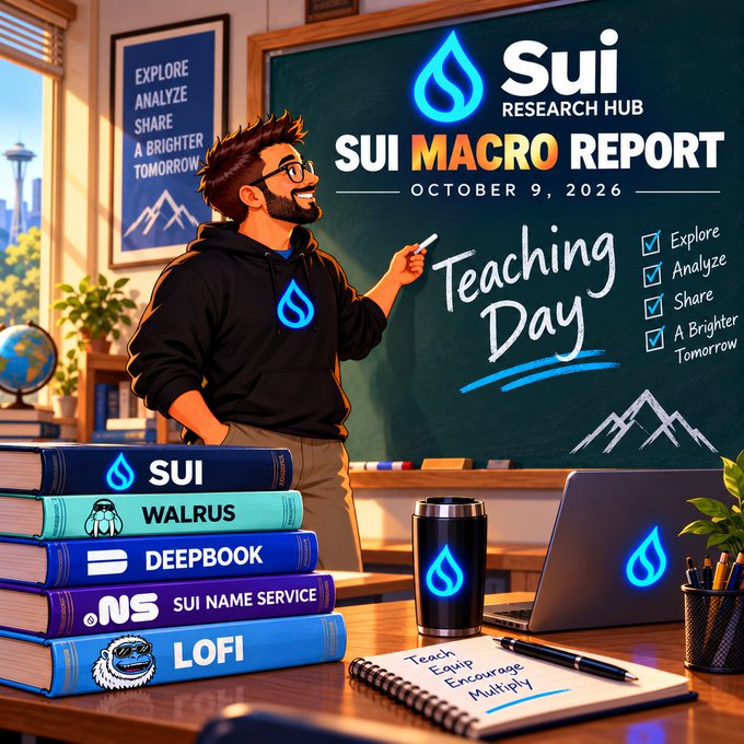 A 'Sui Macro Report' graphic for October 9, 2026 features a cartoon man at a chalkboard labeled 'Teaching Day' with stacks of books for SUI, WALRUS, DEEPBOOK, SUI NAME SERVICE, and LOFI.