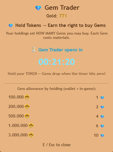 In-game "Gem Trader" menu showing a countdown timer of 00:21:20 and a list of gem allowances based on token holdings ranging from 100,000 to 3,000,000.