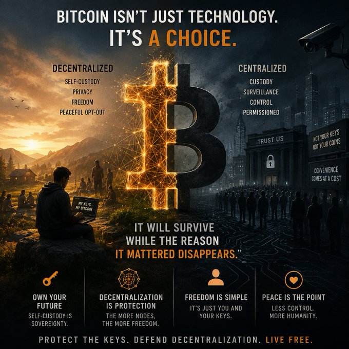 A Bitcoin-themed propaganda-style graphic contrasts "Decentralized" virtues (self-custody, privacy, freedom) against "Centralized" flaws (custody, surveillance, control), featuring a glowing ₿ symbol splitting a serene landscape from a surveillance cityscape, with the tagline "Bitcoin isn't just technology. It's a choice" and the closing mantra "Protect the Keys. Defend Decentralization. Live Free." The imagery mirrors the post's tone by visualizing the author's concern that Bitcoin risks losing its decentralized, freedom-focused soul to centralization and complacency.