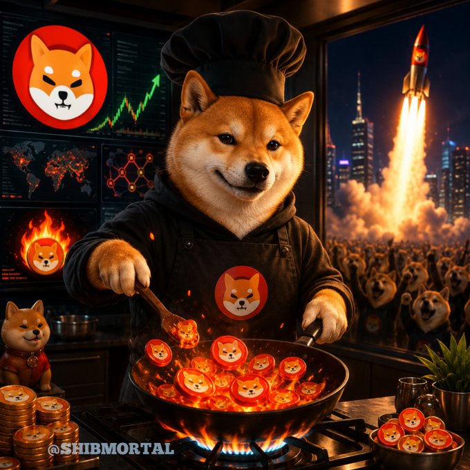 A Shiba Inu chef wearing a black toque stirs a fiery wok filled with sizzling $SHIB coins, as a rocket launches skyward over a cheering crowd of doges outside the kitchen windows, with stock charts and a blazing Shiba emblem on the walls. The watermark reads "@SHIBMORTAL," visually capturing the post's claim of 117,000,000 $SHIB burned in a single day and the promise of a supply shock sending Shiba "to the moon."