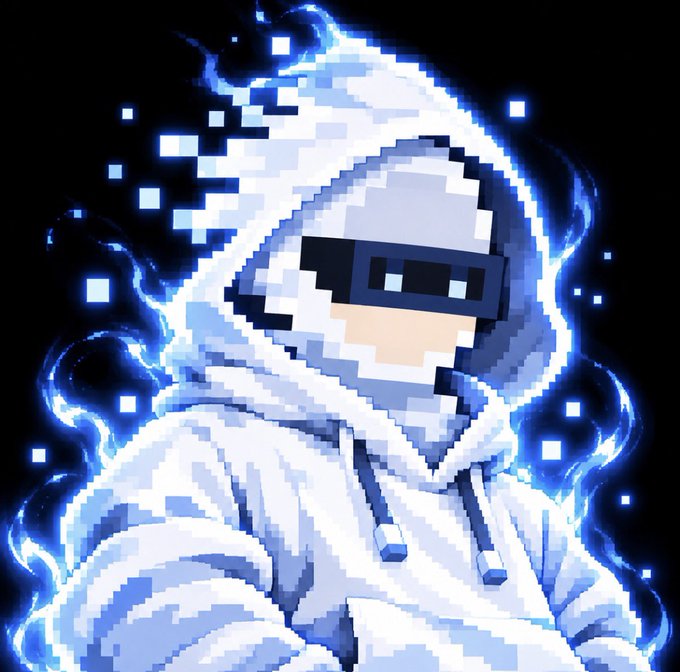 A hooded figure with a pixelated visor stands surrounded by glowing blue pixelated energy and flames against a black background. The image evokes a cryptic, hacker-like or anime-inspired aesthetic that complements the post's offer to send 1 SOL (Solana cryptocurrency) to 10 random people who comment with their notification and drop addresses.