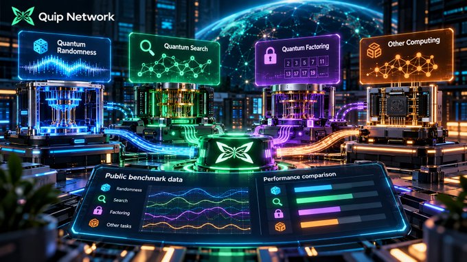 A futuristic promotional graphic for 'Quip Network' showcasing four technological modules labeled 'Quantum Randomness', 'Quantum Search', 'Quantum Factoring', and 'Other Computing', with performance comparison charts at the bottom.