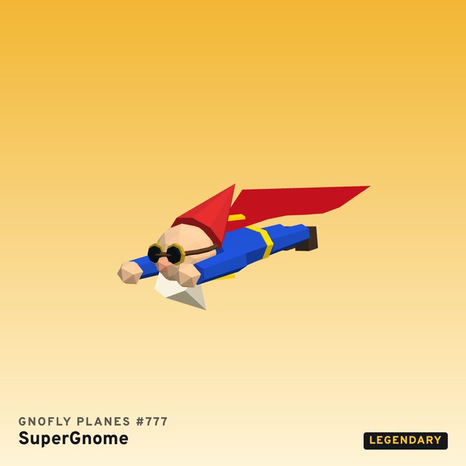 A digital artwork titled 'GNOFLY PLANES #777 SuperGnome' showing a low-poly gnome with goggles and a red cape flying through a yellow gradient sky, labeled as LEGENDARY.