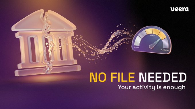A promotional graphic for Veera features a cracked classical bank building shattering into gold particles that flow toward a gauge meter labeled "SILVER, GOLD, and PLATINUM," alongside the text "NO FILE NEEDED — Your activity is enough," visually reinforcing how Veera's Financial Identity Score replaces traditional credit bureaus by using onchain activity to determine borrowing power.