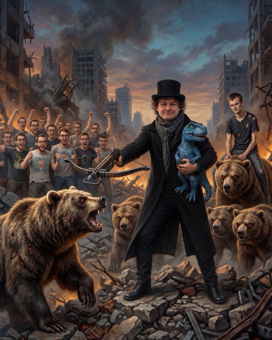 A chaotic, digitally illustrated scene of a person in a top hat holding a blue dinosaur and a crossbow, surrounded by angry bears and a cheering crowd amid destroyed city ruins.