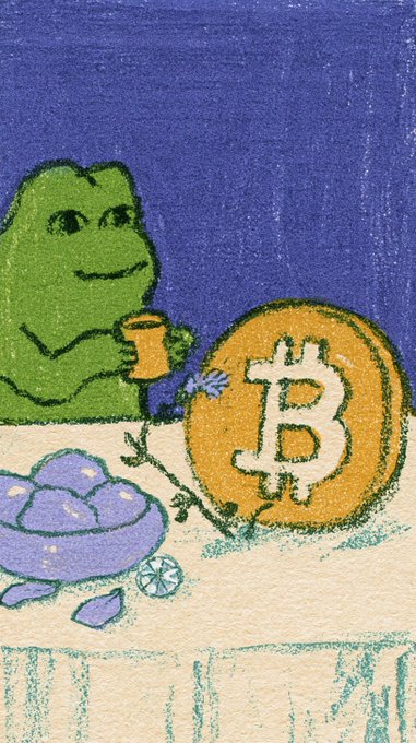 A cute illustrated drawing of a green frog holding a beer mug next to a large Bitcoin symbol, with a purple bowl of berries nearby, set against a dark blue background.