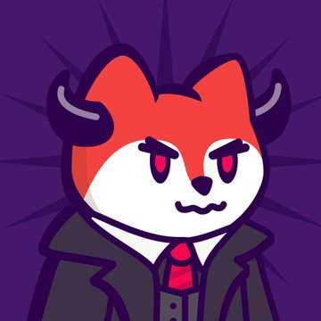An illustration of a cartoon fox character with red and white fur, horns, and a suit with a red tie against a purple background.