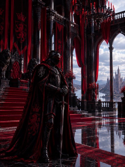 A digital artwork of an armored knight with a red cape standing in a grand gothic hall with red curtains, red carpeting, and a castle visible through arched windows.