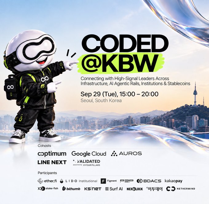 An event flyer for 'CODED @KBW' announces a gathering on Sep 29 (Tue), 15:00-20:00 in Seoul, South Korea, with cohorts including Optimism, Google Cloud, and participants such as ether.fi, bithumb, and Nexblock.