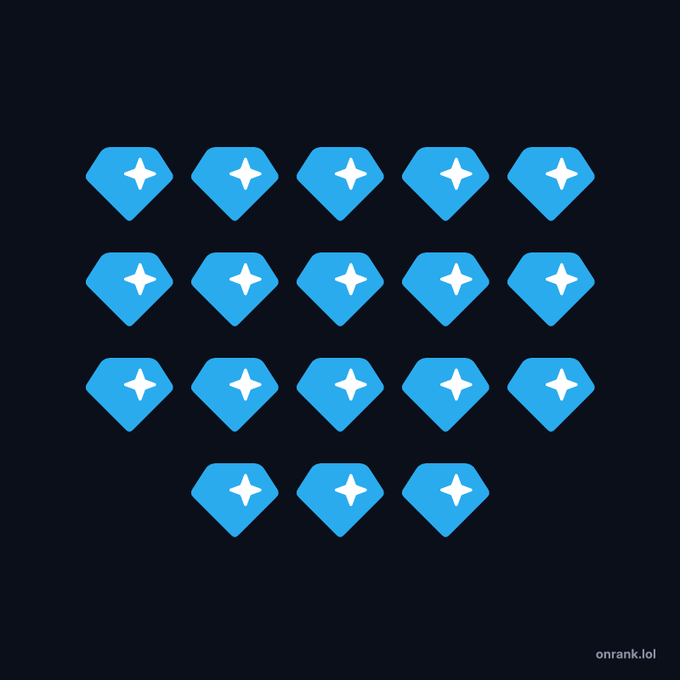An image displaying 18 blue hexagonal diamond-shaped icons with white star centers arranged in a pattern on a black background, with 'onrank.lol' text in the bottom right corner.