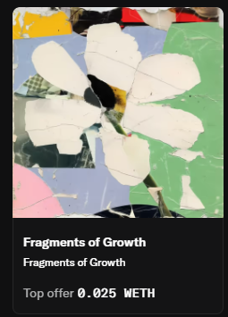 NFT marketplace listing for 'Fragments of Growth' artwork with a top offer of 0.025 WETH displayed on a dark interface.
