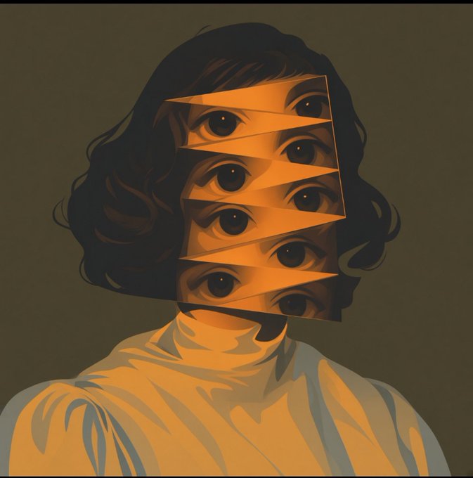 A stylized illustration of a woman with dark curly hair where her face is fragmented and replaced with a vertical stack of orange triangular sections, each containing an eye, against a muted olive background.