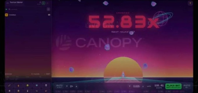A screenshot of a crash-style gambling game on a platform called "CANOPY" showing a previous crash multiplier of "52.83x" and prompting the user to "PLACE BET" for the next round.