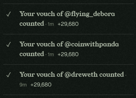 A screenshot showing notifications that vouchers for users @flying_debora, @coinwithpanda, and @dreweth have counted, each with +29,680.