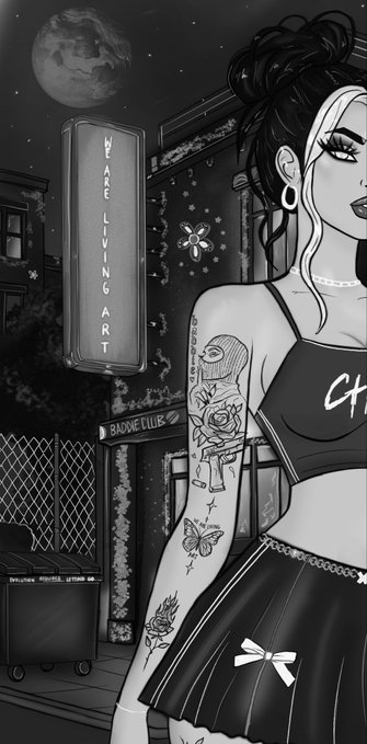A black-and-white illustration of a tattooed woman in a crop top and pleated skirt standing in front of a 'BE A LIVING ART' neon sign with a 'BADNE CLUB' sign below it, set against a moonlit night scene.