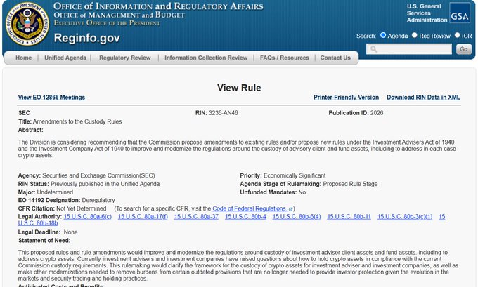 The image shows a Reginfo.gov "View Rule" page for SEC RIN 3235-AN46, titled "Amendments to the Custody Rules," which was previously published as an EO 12866 Delegation regarding the Division considering recommending that the Commission propose amendments to modernize regulations around the custody of investment adviser client and fund assets, including crypto assets, as part of the Investment Advisers Act of 1940.