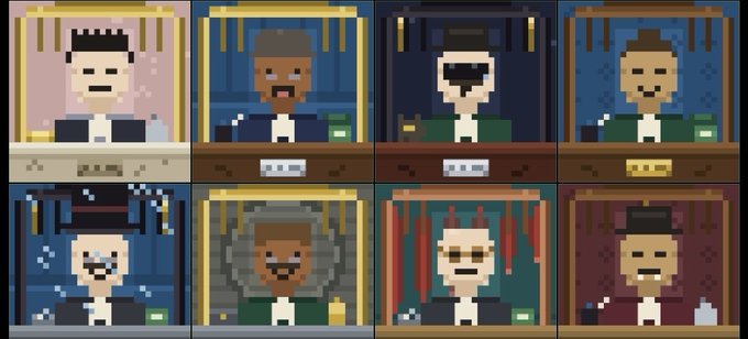 A grid of eight pixel art character portraits depicting various faces including characters with sunglasses, beards, and different hairstyles.