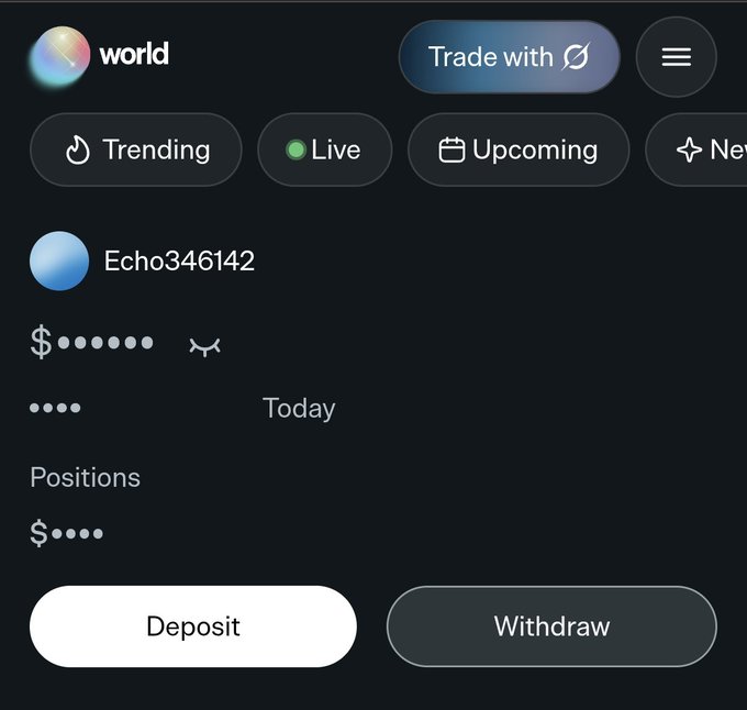 A dark-themed mobile app interface shows tabs for 'Trending', 'Live', 'Upcoming', and 'New', along with a user profile 'Echo346142' and 'Deposit' and 'Withdraw' buttons.
