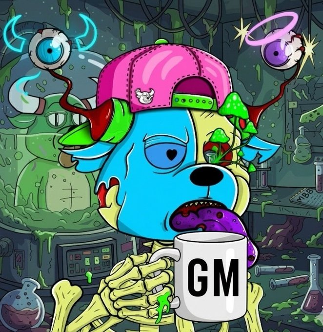 A cartoon zombie dog with exposed eyeballs, a pink cap, and skeletal hands holding a mug that says 'GM' in a green laboratory setting.