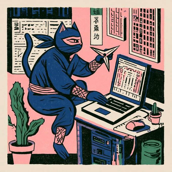 A stylized illustration of a cat dressed as a ninja in a blue outfit, sitting at a desk using a laptop and holding a shuriken.