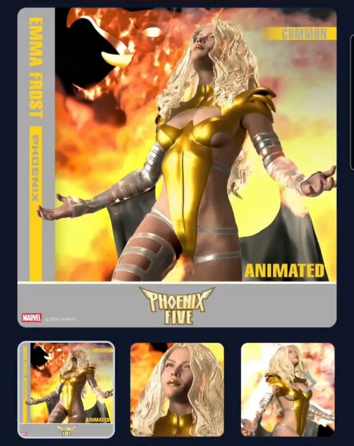 The image features a poster of an animated superhero character named Emma Frost, with her arms raised high above her head. The poster includes various images of Emma Frost from different angles and perspectives, showcasing her dynamic pose and powerful presence. The background of the poster is a fiery orange color, which complements the gold accents on the character's costume. The text in the image reads "floating with the Phoenix Five", indicating that this is an advertisement for a Marvel comic featuring Emma Frost as one of its characters.