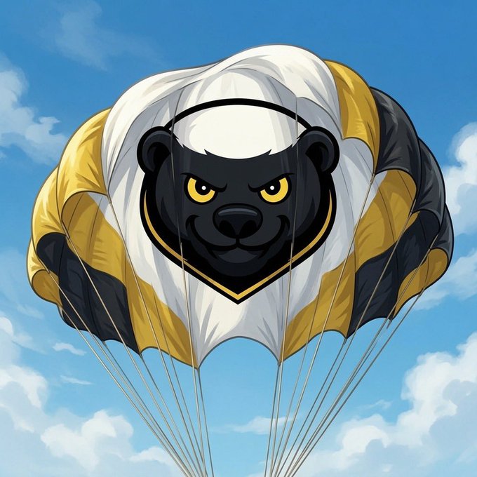 An illustration of a parachute with a stylized black bear face logo on a white and yellow background, set against a blue sky with clouds.