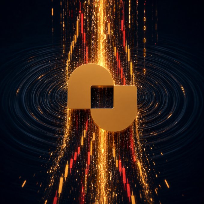 A glowing golden logo resembling two overlapping rounded shapes, surrounded by streams of orange and red digital particles cascading down against a dark background with ripple effects.