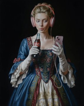 A woman in an elaborate blue historical-style gown wears pink headphones and drinks from a glass bottle while looking at a smartphone.