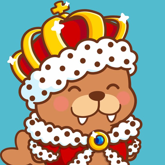 A cute cartoon character, a brown bear-like creature with a white polka-dot fluffy headband, wearing a golden crown with a cross on top and small white stars, set against a teal background.