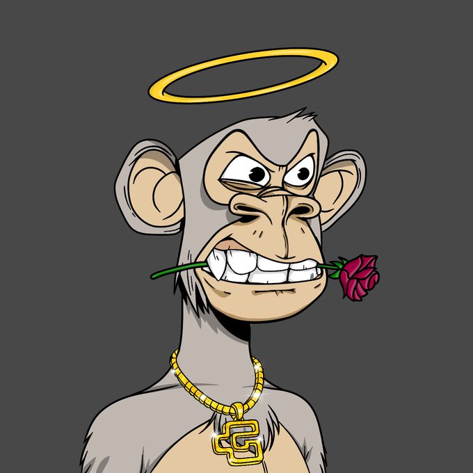A cartoon illustration of a gray monkey with a yellow halo, gold chain with 'G' pendant, and a rose clenched in its teeth, grinning menacingly against a dark background.