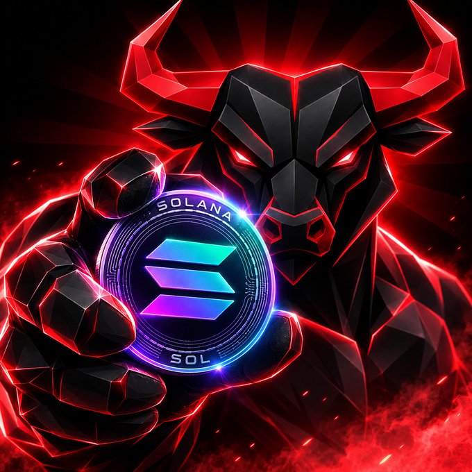 A fierce red-glowing demonic bull with glowing eyes holds up a holographic **Solana (SOL)** coin, featuring the distinctive "SOLANA" and "SOL" text along with its signature purple-to-teal gradient logo. The intense, powerful imagery visually reinforces the post's **$SOL giveaway announcement**, lending dramatic appeal to the "2.5 SOL Giveaway for 500 People" promotion.