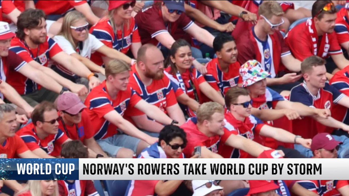 A crowd of enthusiastic Norwegian sports fans, all wearing red, white, and blue jerseys featuring the Norwegian flag, are seated in stadium bleachers performing a synchronized arm-pumping cheer, with a news banner reading "WORLD CUP: NORWAY'S ROWERS TAKE WORLD CUP BY STORM."

The image relates to the post by humorously framing the intense, collective arm movements of the Norwegian supporters as resembling a mechanical "pumping" motion, similar to the repetitive, forceful motions associated with the Bitcoin Improvement Proposal 110 joke, turning a celebratory crowd chant into a punchline about vigorous, rhythmic activity.