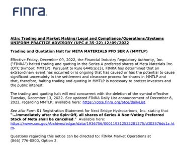 A document from FINRA (Financial Industry Regulatory Authority) dated December 9, 2022, concerning 'Trading and Quotation Halt for META MATERIALS PFD SER A (MMAT)'. It discusses the suspension of trading due to uncertainty about the company's settlement and clearance process.
