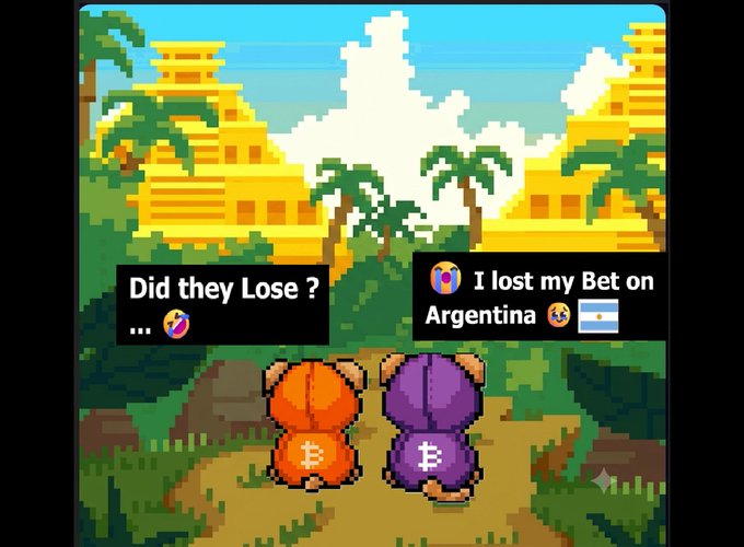 A pixel art scene showing two cryptocurrency symbols (Bitcoin orange and purple) as characters viewing Mayan pyramids, with text bubbles reading 'Did they Lose?' and 'I lost my Bet on Argentina' alongside country flags.