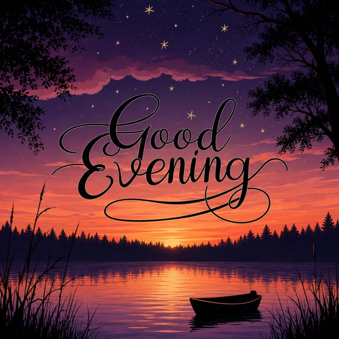 An artistic sunset landscape over a lake with a small boat, trees, and stars, overlaid with the cursive text 'Good Evening'.