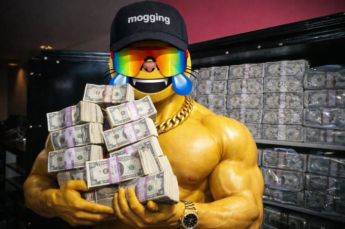 A muscular figure wearing a "mogging" cap, rainbow sunglasses, and a gold chain holds stacks of cash, with walls of bundled money behind them. The image embodies the post's reference to "$MOG," the crypto token, and the "moggers" meme culture celebrating extreme confidence and wealth.