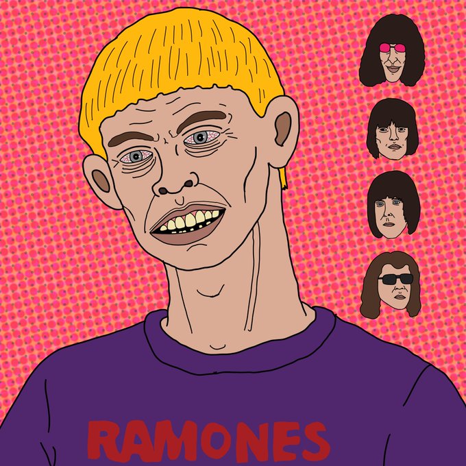 A stylized cartoon illustration of a blonde man with exaggerated facial features wearing a purple shirt with 'RAMONES' printed in red letters, accompanied by four smaller portraits of band members with dark hair on a pink dotted background.