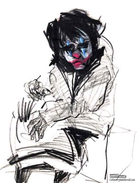 A rough, expressive sketch of a seated figure with dark messy hair, red lips, and blue facial accents, signed 'Ishiharasatoshi' in the corner.