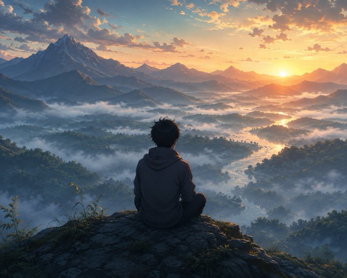 An anime-style illustration of a person in a gray hoodie sitting on a rocky cliff edge, overlooking a misty mountain valley at sunset with a river winding through forested hills.