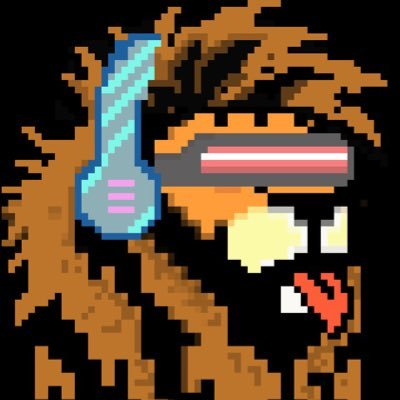 A pixel art zombie-like creature with brown skin holds a futuristic blue and pink energy gun against a black background.