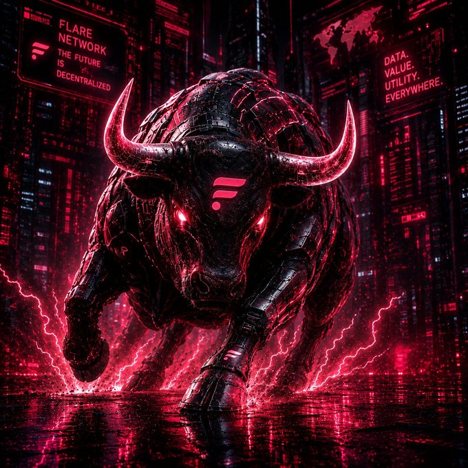 A cyberpunk-style image features a black and red mechanical bull with the Flare Network logo on its forehead, surrounded by lightning and neon city signage reading 'FLARE NETWORK THE FUTURE IS DECENTRALIZED' and 'DATA. VALUE. UTILITY. EVERYWHERE.'